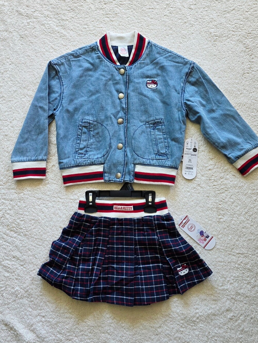 New girl's Sanrio Hello Kitty outfit Bomber jacket & striped ribbed paired skirt